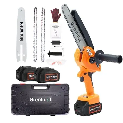 Produktbild: Grenintol Mini Kettensäge mit Akku, 8 Zoll Kettensäge Elektro mit Automatischer Öler, Akku Kettensäge, Mini Kettensäge für Gartenscheren Astschere Holzschneiden, LED Leistungsanzeige, 2 Akku 6000mAh