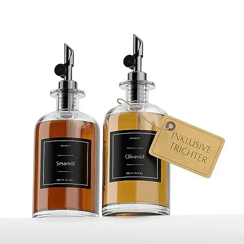 Produktbild: Greymount ® Ölspender Set - 2er Pack 500ml Ölflasche aus Glas mit Ausgießer Schwarz für Olivenöl, Essig und mehr | Auslaufsicher und Tropffrei | Inklusive 27 Etiketten und Trichter