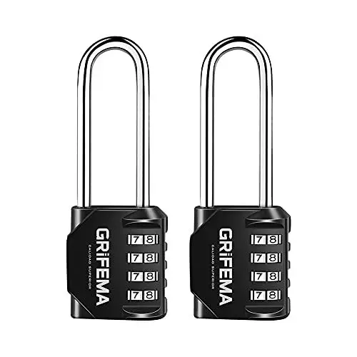 Produktbild: GRIFEMA 2 Pack Zahlenschloss 4 Stellig mit Langer Bügel - Vorhängeschloss Wetterfest Frostsicher, Schloss mit Zahlencode Zinklegierung Robust, Sicher, Schlösser für Spind, Garage, Tor, Schule, Koffer