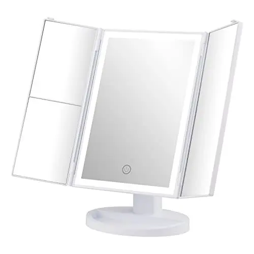 Produktbild: GRIFEMA Dreifach Faltbare Kosmetikspiegel mit 32 LED Licht, Schminkspiegel mit Beleuchtung, 3X/2X/1X Vergrößerung, Tischspiegel mit Touch Beleuchtung, 180° Einstellbar, USB und Batterie, Weiß