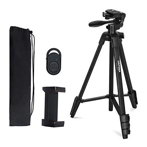 Produktbild: GRIFEMA Kamera Handy Stativ, 140 cm Aluminium Fotostativ für Handy und Kamera mit Bluetooth-Fernbedienung, Höhenverstellbarem Halter, Kompatibel mit iPhone, Android und DSLR-Kameras, GB1001