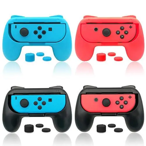 Produktbild: Griffe Halterung für Joy Con Switch & Switch OLED-Modell mit Daumen Griffkappen, (4 Pack) Gummioberfläche Joy Controller Grip Halter mit Joystick Kappen Zubehör - Blau/Rot/Schwarz