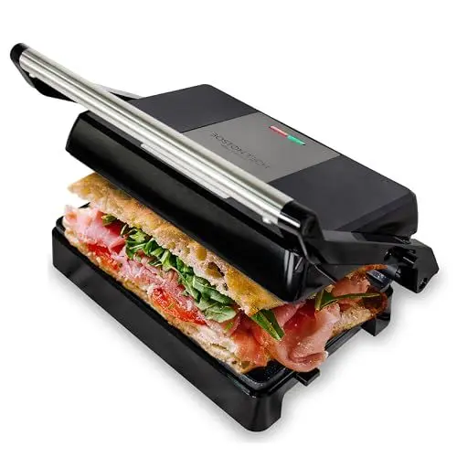 Produktbild: Grill Master 3-in-1: Kontaktgrill für Sandwiches, Steak & Panini, Keramik Antihaft, 180° öffnend, BPA-frei, obere Floatplatte, 23x14,5 cm, Fettwanne, Verschlussklemme, 1000W