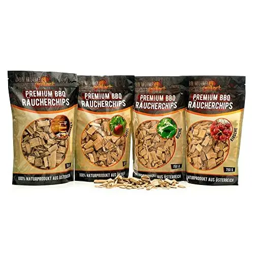 Produktbild: grillart® Premium BBQ Räucherchips Mix 4er XL Set für das besondere Raucharoma – sehr rauchaktives Räucherholz/Holzhackschnitzel – Vorteilspack 4x 750g Beutel