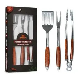 Produktbild: grillart® Premium Grillbesteck Set, 3-teilig aus hochwertigem Edelstahl und edlen Holzgriffen – Grillzange, Grillwender und Grillgabel mit extra langem Griff – das ideale Grillzubehör