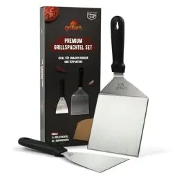 Produktbild: grillart® Premium Grillspachtel Set aus hochwertigem Edelstahl für Smashed Burger inkl. 30 Stk Burgerpapier – Grillspachtel für Plancha & Teppanyaki – Grillwender aus Edelstahl – ideale Grillzubehör