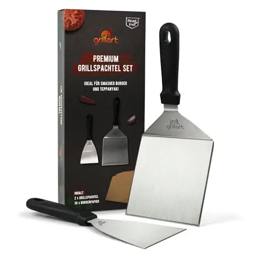Produktbild: grillart® Premium Grillspachtel Set aus hochwertigem Edelstahl für Smashed Burger inkl. 30 Stk Burgerpapier – Grillspachtel für Plancha & Teppanyaki – Grillwender aus Edelstahl – ideale Grillzubehör
