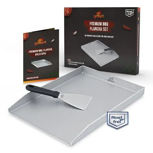 Produktbild: grillart® Premium Plancha Grillplatte mit Grillspachtel aus massiven 4mm Edelstahl – 30x40cm Universalgröße auch Induktion geeignet – Spülmaschinenfest und rostfrei