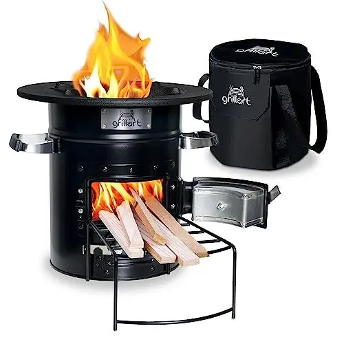 Produktbild: grillart® Raketenofen Outdoor “Powertrain” – effizienter Holzofen als Campingkocher für Dutch Oven und Grillpfannen – besonders effizient bei geringer Rauchentwicklung (Schwarz mit Tasche)