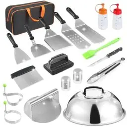 Produktbild: zycBernoi Grillbesteck Set, 19 Grill Zubehör für Männer, Plancha Besteck Set aus Metall mit Burgerpresse, Schmelzglocke, Tragetasche für Grillen und BBQ, Männer