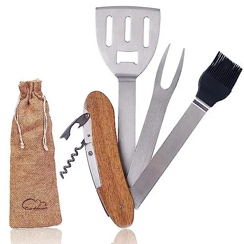 Produktbild: Grillbesteck Set Grill Zubehör 5 in 1 Akazienholz,Edelstahl mit Spachtel, Gewürzpinsel,Fleischgabel, Flaschenöffner,Grillset Für Männer Geschenk,für Garten und Camping,Mit Kordelzugtasche