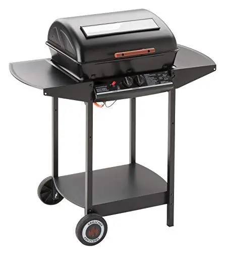 Produktbild: GRILLCHEF Gasgrill 12375FT | Mit 2 Stufenlos einstellbaren aluminierten Stahlbrennern | Inklusive verchromter Grillrost | Deckel mit Sichtfenster & Abklappbare Seitentische als Ablagefläche (Schwarz)