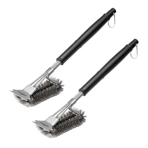 Produktbild: 2X Grillfürst Premium Grillbürste mit Edelstahl Borsten, 45 cm - Grill Reinigungsbürste für Grillrost, Grillrost Bürste mit langem 3-Fach Bürstenkopf und Schaber