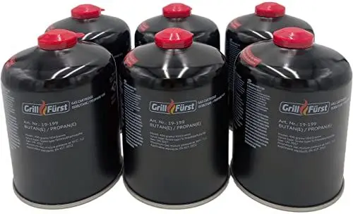Produktbild: Grillfürst 6 x 450g Butan Gaskartusche/Schraubkartusche mit EN 417 Schraubgewinde, 7/16 Zoll Durchmesser und Ventil für Grill, Gaskocher, Campingkocher, Gasheizung