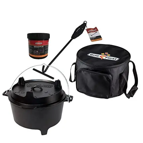 Produktbild: Grillfürst Dutch Oven ca. 9 Liter - stabil stehender Feuertopf durch speziell entwickelte T-Füße, hitzebeständiger Gusseisen Topf, Deckel nutzbar, DO9 inkl. Deckelheber, Tasche und Pflegepaste