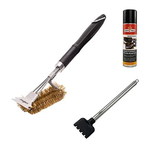 Produktbild: Grillfürst Grillbürste für Gusseisenroste mit Messingborsten und Schaber, Gusseisen Pflegespray und Spezialschaber