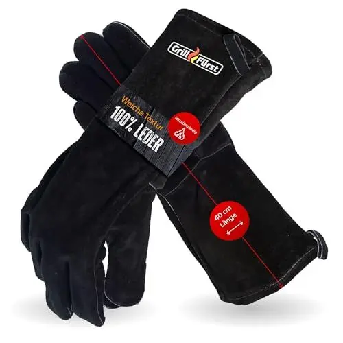 Produktbild: Grillfürst Grillhandschuh - Hitzebeständiger Lederhandschuh aus 100% Rindspaltleder, robuster Handschuh für Grill, Ofen oder Feuerstelle, ca. 40 cm langer Armschaft