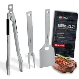 Produktbild: Grillfürst Premium Edelstahl BBQ Grillbesteck - 3-teiliges Grill-Set bestehend aus Grillzange, Grillwender und Grillgabel, Grillwerkzeug mit Ösen zum Aufhängen