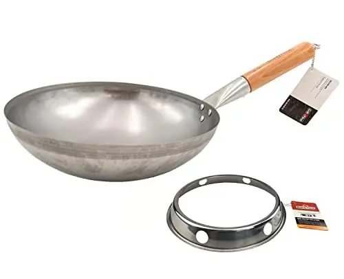 Produktbild: Grillfürst Wok Pfanne aus Edelstahl Ø 30 cm - mit Holzgriff - Edelstahlpfanne mit rundem Pfannenboden - ideal für Seitenkocher eines Grills oder Gasherd, inkl. Wok-Ring