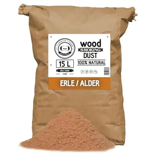 Produktbild: GRILLGOLD Räuchermehl Wood Smoking Dust. Zum räuchen und kalträuchern von Fisch, Fleisch und Gemüse auch für BBQ und Grill geeignet. In Papier-Sack befüllt mit 15L Liter Erle