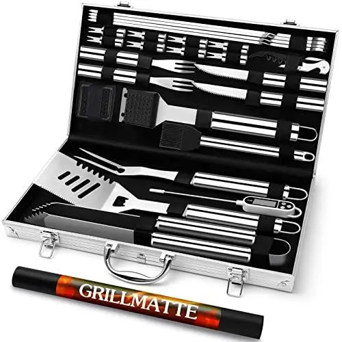 Produktbild: Grilliance 26 Stücke Edelstahl Grillzubehör Set Hochwertiger BBQ Grillbesteck Koffer Perfektes Grillwerkzeug Set für Männer Geschenk mit Tragbarer Aufbewahrungskoffer und Fleischthermometer Silber