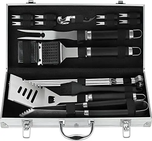 Produktbild: Grilljoy 20PCS Grillbesteck-Set, Hochleistungs Grillzubehör aus Edelstahl in einem Aluminiumgehäuse, Kompletter Grillkoffer im Freien, Perfektes Grillset - Geschenk für Männer und Frau