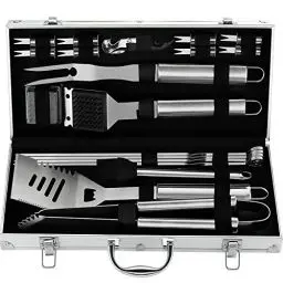 Produktbild: grilljoy 20PCS Grillbesteck-Set, Hochleistungs Grillzubehör aus Edelstahl in einem Aluminiumgehäuse, Kompletter Grillkoffer im Freien, Perfektes Grillset - Geschenk für Männer und Frauen