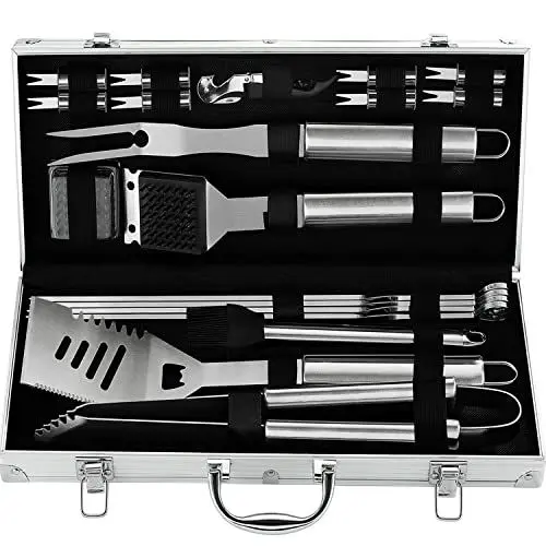Produktbild: grilljoy 20PCS Grillbesteck-Set, Hochleistungs Grillzubehör aus Edelstahl in einem Aluminiumgehäuse, Kompletter Grillkoffer im Freien, Perfektes Grillset - Geschenk für Männer und Frauen