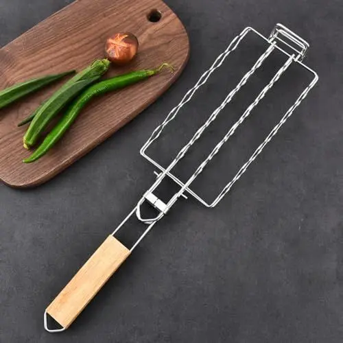 Produktbild: ZYWUOY Grillkorb, 49,5 x 12 cm, Grillkorb mit Holzgriff, Bratwurst, tragbares Gestell für Lagerfeuer und Picknick