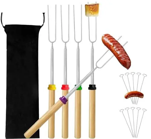 Produktbild: Grillspieße (31-81cm) + 10 Rouladennadeln, 5 Ausziehbare Edelstahl-Spieße Mit Holzgriff, Marshmallow-Spieße für Grillpartys im Freien und im Garten