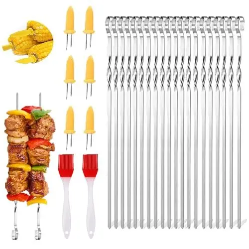 Produktbild: Grillspieße Edelstahl,20 Stücke Grillspieße,30cm Schaschlikspieße Wiederverwendbare Grill Kabob,grillspieße aus rostfreiem edelstahl,Silikonölbürste mitgeliefert und Maiskolbenhalter-Set