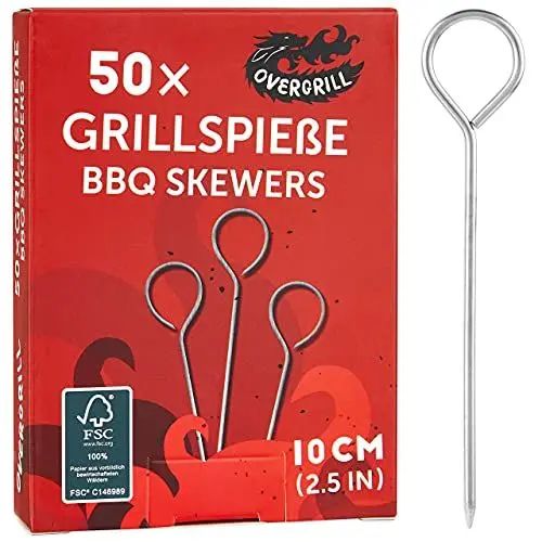 Produktbild: Grillspieße Edelstahl: 50x Premium Edelstahl Grillspieß kurz 10cm – Grill Zubehör für BBQ und Schaschlik – Edelstahl Spieße – Vielseitige Metallspieße Grill – Edelstahl Grill Spieß von OVERGRILL