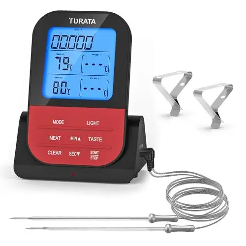 Produktbild: Grillthermometer, Kerntemperaturmesser Bratenthermometer Digital Fleischthermometer Funk mit Timer 2 Sonde LCD Display meat thermometer für Steak Backofen Garten BBQ Grill Zubehör (Rot)
