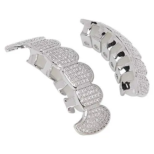 Produktbild: Grillz Zähne, Grillz Zahnspange Hip Hop Teeth Grill Set Microset Diamond Braces Vampire Zähne Grillz, Simulierte Diamant Top Bottom Teeth Grill Set für Mund obere und untere Zähne(Silber)