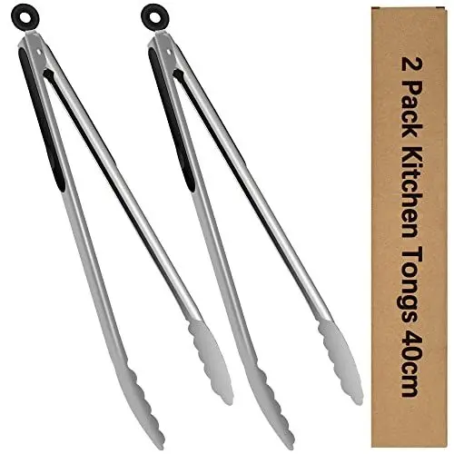 Produktbild: Grillzange Edelstahl, 40cm Lang Küchenzange Hitzebeständigem Silikongriff, Klick Verriegelbare Grillzange zum Kochen, Grillen, Buffet, Barbecue, 2 Stücke