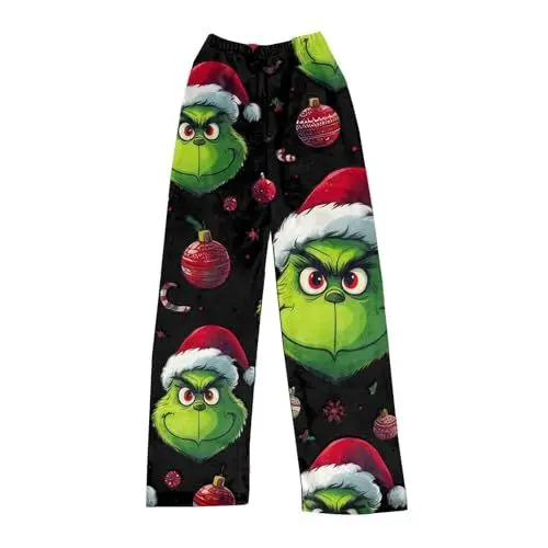 Produktbild: Grinch KostüM Damen Weihnachten Pyjama Hose Damen Flannel Schlafanzug Pyjama Kuschelig Lang Weihnachtspyjama Warm Anime Bequeme Schlafhose Pyjamahose Grinch Jumpsuit Fleece