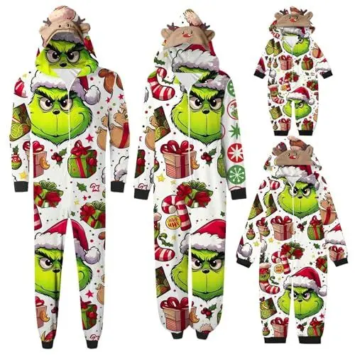 Produktbild: Grinch KostüM Erwachsene 3XXL Grinch Weihnachts Schlafanzug Familie Einteiler Onesie Weihnachtspyjama Jumpsuit mit Kapuze und Reißverschluss Hausanzug Familien Schlafanzug