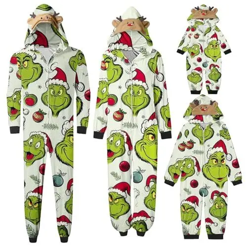 Produktbild: Grinch KostüM XXL Grinch Weihnachts Schlafanzug Familie Einteiler Onesie Weihnachtspyjama Jumpsuit mit Kapuze und Reißverschluss Hausanzug Overall Schlafanzug Damen
