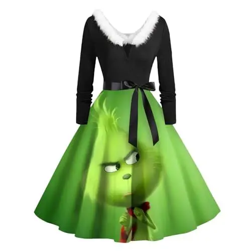 Produktbild: Grinch Weihnachtskleid Damen, Langarm A Linien Weihnachtsoutfit Winter Christmas Kleid Mode Elegant Kleid Mit Weihnachtsmotiv Casual V-Ausschnitt Kleid 2024 Geschenke für Frauen