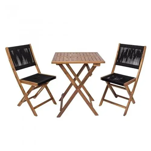 Produktbild: Grindi - Gartenmöbel Lounge Set, Seilgeflecht, Seilbespannung, Balkonmöbel - 2 Personen, mit Tisch & Stühlen - schwarz/Holz, Bini - wetterfest Sitzbezüge - für Garten, Balkon, Terrasse, Flache