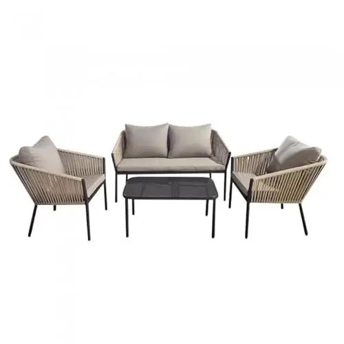Produktbild: Grindi - Gartenmöbel Lounge Set, Seilgeflecht, Seilbespannung, Balkonmöbel - 4 Personen, mit Sofa, Tisch & Stühlen - beige, Paga I - wetterfest Sitzbezüge - für Garten, Balkon, Terrasse, Flache