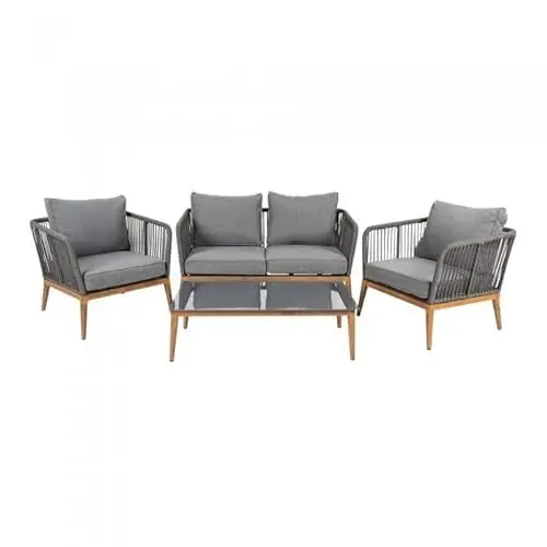 Produktbild: Grindi - Gartenmöbel Lounge Set, Seilgeflecht, Seilbespannung, Balkonmöbel - 4 Personen, mit Sofa, Tisch & Stühlen - grau, Nita - wetterfest Sitzbezüge - für Garten, Balkon, Terrasse, Flache