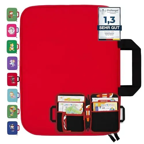 Produktbild: GRINSEZWERGE Tasche für TipToi Bücher Plus TipToi Stift und Zubehör – 10 Motive | passend auch für Kinder Tablet und Edurino Figuren | Tip TOI Starterset Buch Aufbewahrung Hülle - rot