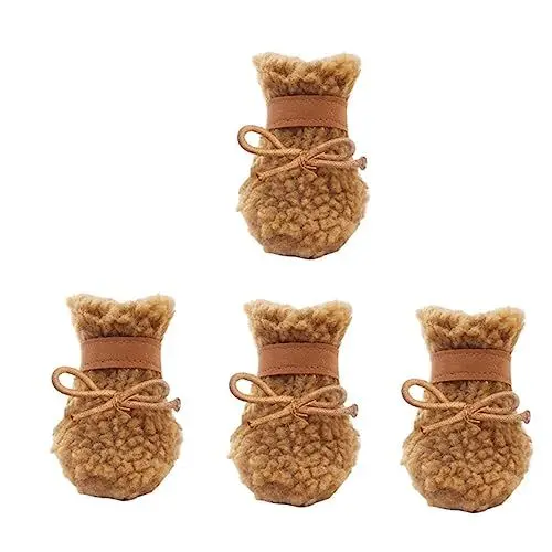 Produktbild: GRIRIW 4 Stück Hundeschuhe aus Dickem Plüsch Warme rutschfeste Schneestiefel für Hunde Outdoor Pfotenschutz gegen Schnee Steine und Kalte Böden Braun Leicht Anzuziehen Schutz für