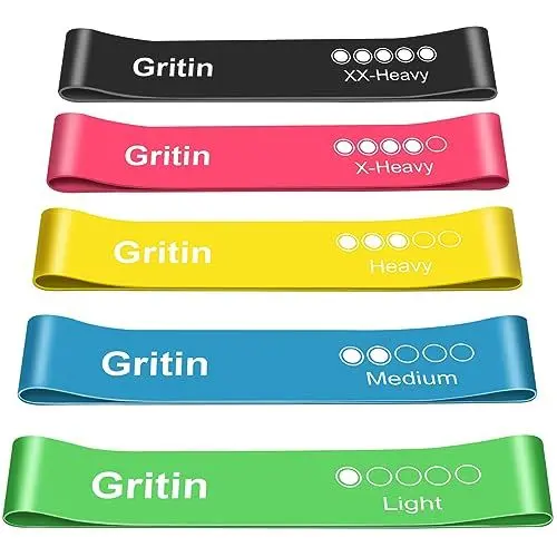 Produktbild: Gritin Fitnessbänder (5er Set) Widerstandsbänder mit 5 Stufen, 100% Latex Fitnessband Resistance mit Deutscher Übungsanleitung & Tragebeutel, Gymnastikband für Muskelaufbau, Yoga, Pilates