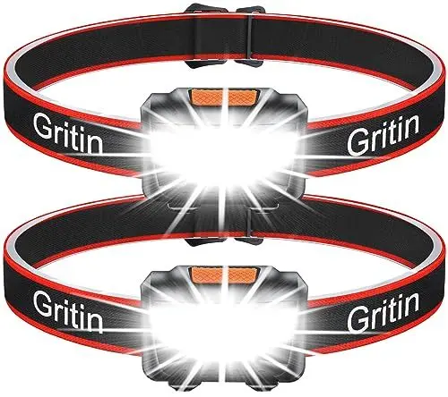 Produktbild: Gritin Stirnlampe LED, (2 Stück) LED Stirnlampe Kopflampe Superhell mit 3 Modi, IPX5 Wasserdichte Leichtgewichtige Mini Stirnlampe fürs Laufen, Campen, Joggen, Angeln, für Kinder
