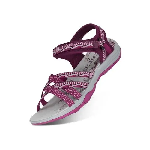 Produktbild: GRITION Frauen Wandernsandalen Sommer Damen Trekking Sport Wasser Sandalen Flach Cross-Tied Beach Peeptoe Verstellbare klettverschluss Walking Schuhe MEHRWEG (40 EU, Violett Rot)