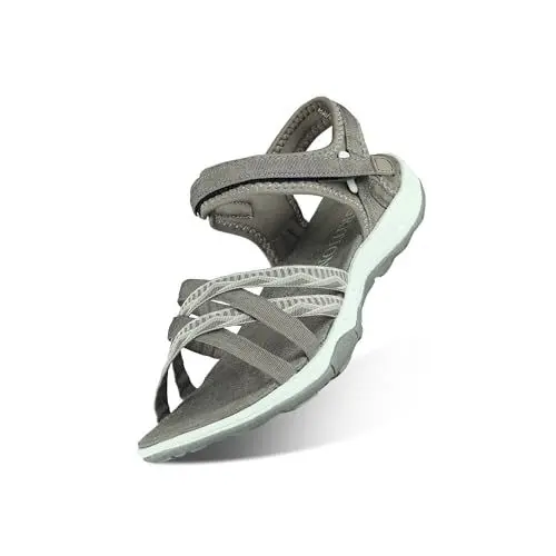 Produktbild: GRITION Frauen Wandernsandalen Sommer Damen Trekking Sport Wasser Schuhe Flach Cross-Tied Beach Peeptoe Verstellbare klettverschluss Walking Schuhe MEHRWEG (37 EU, Taupe/Stein)