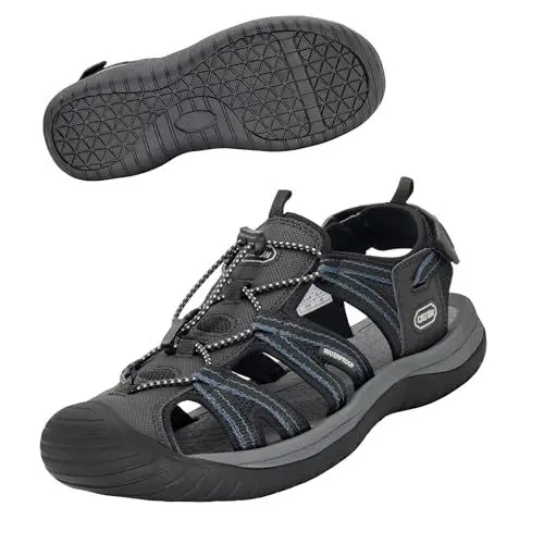 Produktbild: GRITION Herren Wandersandalen Geschlossene Zehe Fischersandale für Männer Sommer Strand Wasser Sandale Wasserdicht Bequem Einstellbar trekkingsandalen Sportlich Wandern Reiseschuhe 44EU Schwarz