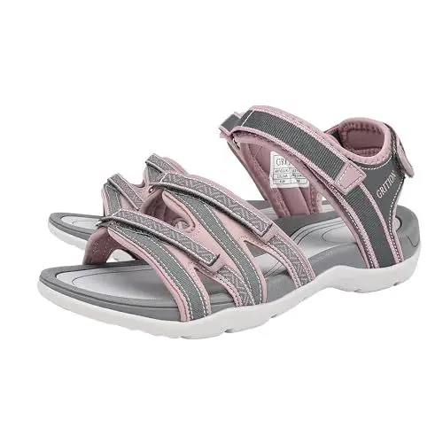 Produktbild: GRITION Trekkingsandalen Damen Sommer, Verstellbar Flach Wandersandalen Bequeme Outdoor Sandalen Frauen Offene Zehe Sandale Sportsandalen Leicht Strand Wasser Schuhe RosaGrau MEHRWEG (41EU)